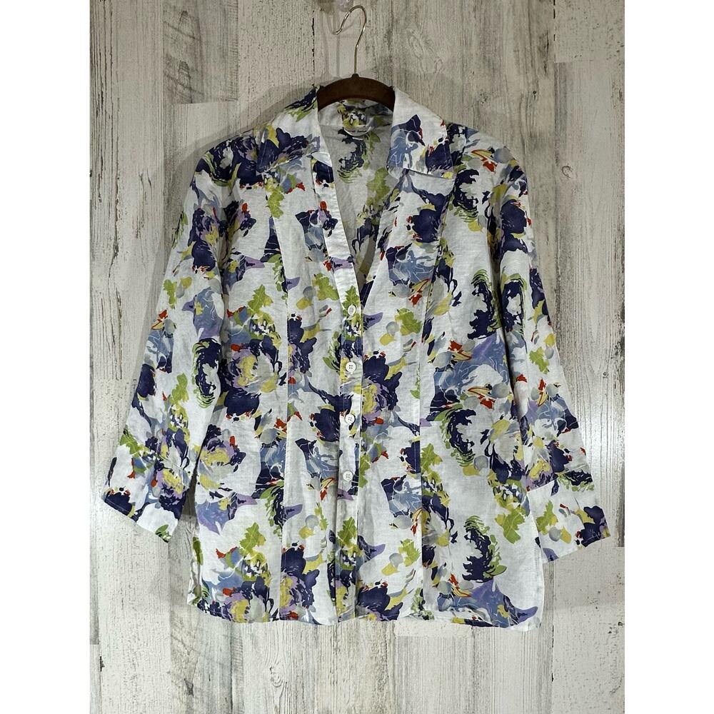 Harve Benard Womens Linen Blend Top Size‎ Large Watercolor Floral Button Up
